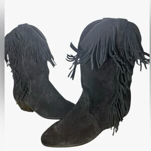 Vtg 90s Black Suede Leather Fringe Western Cowgirl Boho Cowboy Boots Womens Sz 8